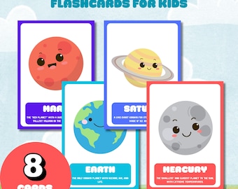 Printable Planet Flashcards, Kids Homeschool Activity PDF, Solar System Flash Cards, Kids Planets Flashcards, Space Learning for Children.