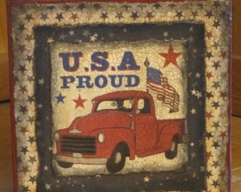 Wood Patriotic/Americana Plaque/block/Red Truck