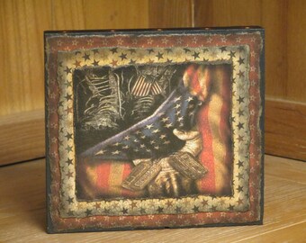 Wood Plaque/Block Patriotic Boots/Hand Holding Dog Tags