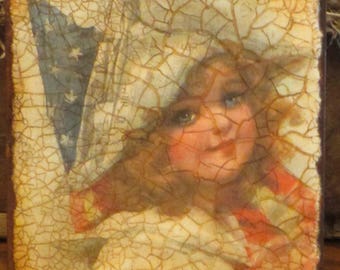 Patriotic Wood Plaque Girl w/Flag