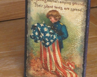 Wood Block/Plaque Patriotic Boy holding American Flag