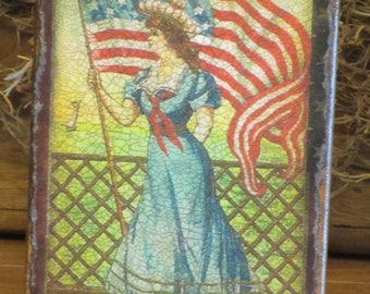 Wood Patriotic/Americana Plaque Lady Waving an American Flag