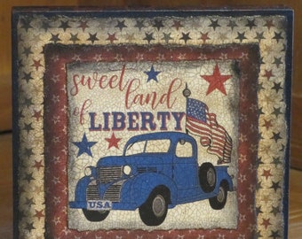 Wood Patriotic/Americana Plaque/block/Blue Truck