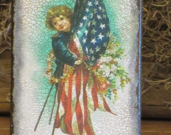 Patriotic Wood Plaque/Block Boy w/3 Flags