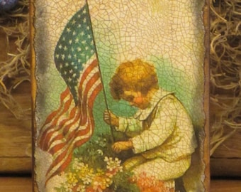 Wood Patriotic/American Plaque Boy with Flag/Flowers