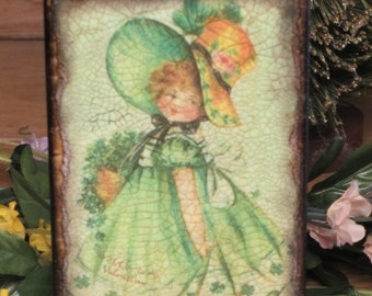 Wood Block/Plaque St Patricks Day w/Girl/Sun Bonnet