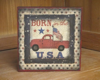 Wood Block/Plaque Patriotic Truck w/Flag in Back