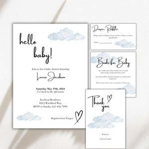 Blue Cloud Theme Baby Shower Invitation Bundle - Personalized Aesthetic Digital Baby Shower Invite - On Cloud Nine Theme