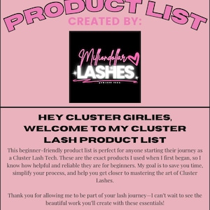 Könnte beinhalten: Rosa-schwarze Grafik mit dem Text "PRODUCT LIST" und "CREATED BY: Milliondollar LASHES". Der Text "HEY CLUSTER GIRLIES, WELCOME TO MY CLUSTER LASH PRODUCT LIST" befindet sich unterhalb der Grafik. Der Text unterhalb der Grafik beschreibt eine anfängerfreundliche Produktliste für Wimperntechniker.