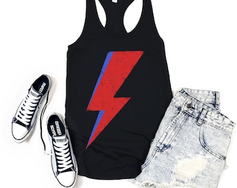 David Bowie Inspired Distressed Lightning Bolt Slim Fit Racerback Tank ~ David Bowie Lover Tank ~ Music Lover Tank ~ Ziggy Stardust