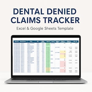 Peut inclure: Un ordinateur portable affiche une feuille de calcul intitulée "DENTAL DENIED CLAIMS TRACKER". L'écran montre un tableau avec des colonnes pour les dates, les payeurs et les montants, pour le suivi des demandes de soins dentaires.