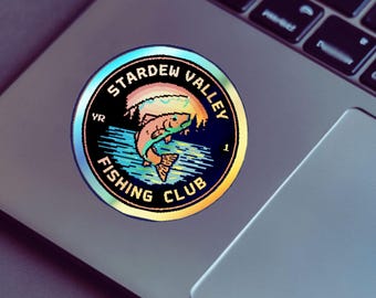 Stardew Valley Fishing Club Sticker | Holographic Weatherproof Decal | Cozy Gamer Laptop Sticker | Pixel Fish Art | Stardew Merch Gift