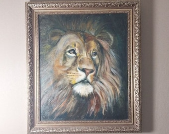 Lion animal original oil painting framed Big painting Unique wild cat wall art Artwork interior decor Wall decoration Gift for love Exotic