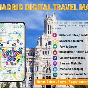 Madrid Reisekarte mit Google Pins - Sehenswürdigkeiten & versteckte Juwelen | Spanien Digitaler Reiseführer