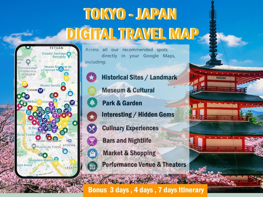 TOKYO Digital Travel Map for Google Maps Location Pins, Japan Itinerary ...