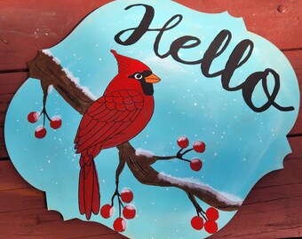 Hand-Painted Cardinal Door Hanger: Winter Hello Decor