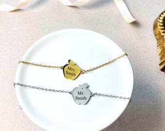 Personalized Apple Engraved Name Initial Necklace,Custom Name Teacher Jewelry Gifts,Kindergarten Elementary Day Care Teacher Appreciation