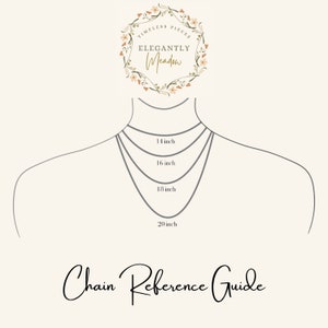 K&ouml;nnte beinhalten: Ein Leitfaden f&uuml;r die L&auml;ngen von Halsketten, der vier verschiedene L&auml;ngen an einem Modell zeigt: 14 Zoll, 16 Zoll, 18 Zoll und 20 Zoll. Der Text "Chain Reference Guide" befindet sich am unteren Rand des Bildes.