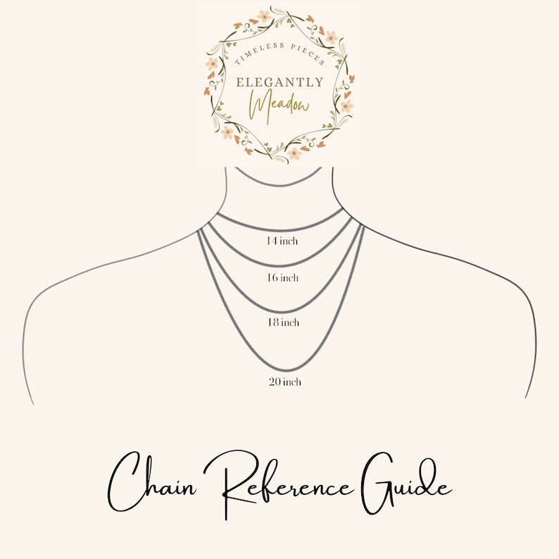 K&ouml;nnte beinhalten: Ein Leitfaden f&uuml;r die L&auml;ngen von Halsketten, der vier verschiedene L&auml;ngen an einem Modell zeigt: 14 Zoll, 16 Zoll, 18 Zoll und 20 Zoll. Der Text "Chain Reference Guide" befindet sich am unteren Rand des Bildes.