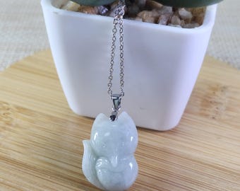 Lovely little fox untrated natural jadeite jade S925 pendant bail with S925 necklace chain