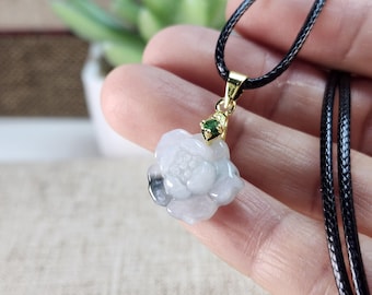 Lovely little mini flower well carved untreated natural jadeite gold plated bail pendant with black pu necklace cord