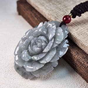 Grade A jade beautiful 3D peony flower untreated natural jadeite jade pendant with pretty necklace cord