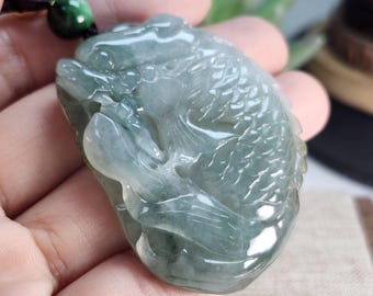 翡翠 蓮の花と魚の彫刻 彫刻された白翡翠のペンダント：魚、蓮、龍のお守り - Etsy 日本