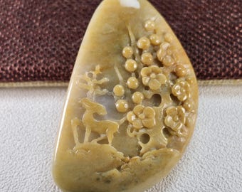 Beautiful Plum flowers and Deer Untreated type A Natural Jadeite Jade Pendant, necklace, desk ornament or paperweight