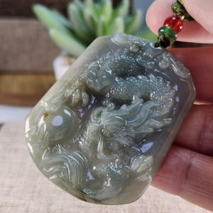 Dragon exhaling pearl pattern well crafted untreated natural jadeite jade pendant with necklace cord, gift for men