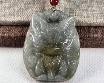 Grade A Jade Nine-Tailed Fox Jadeite Pendant: Untreated Natural Jade Necklace