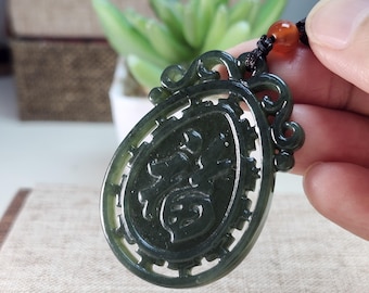 Hand Carved Nephrite Jade 福 Pendant Necklace, Chinese Lucky Symbol Jade Amulet, Green Jade Necklace, Handmade Vintage-Style Pendant