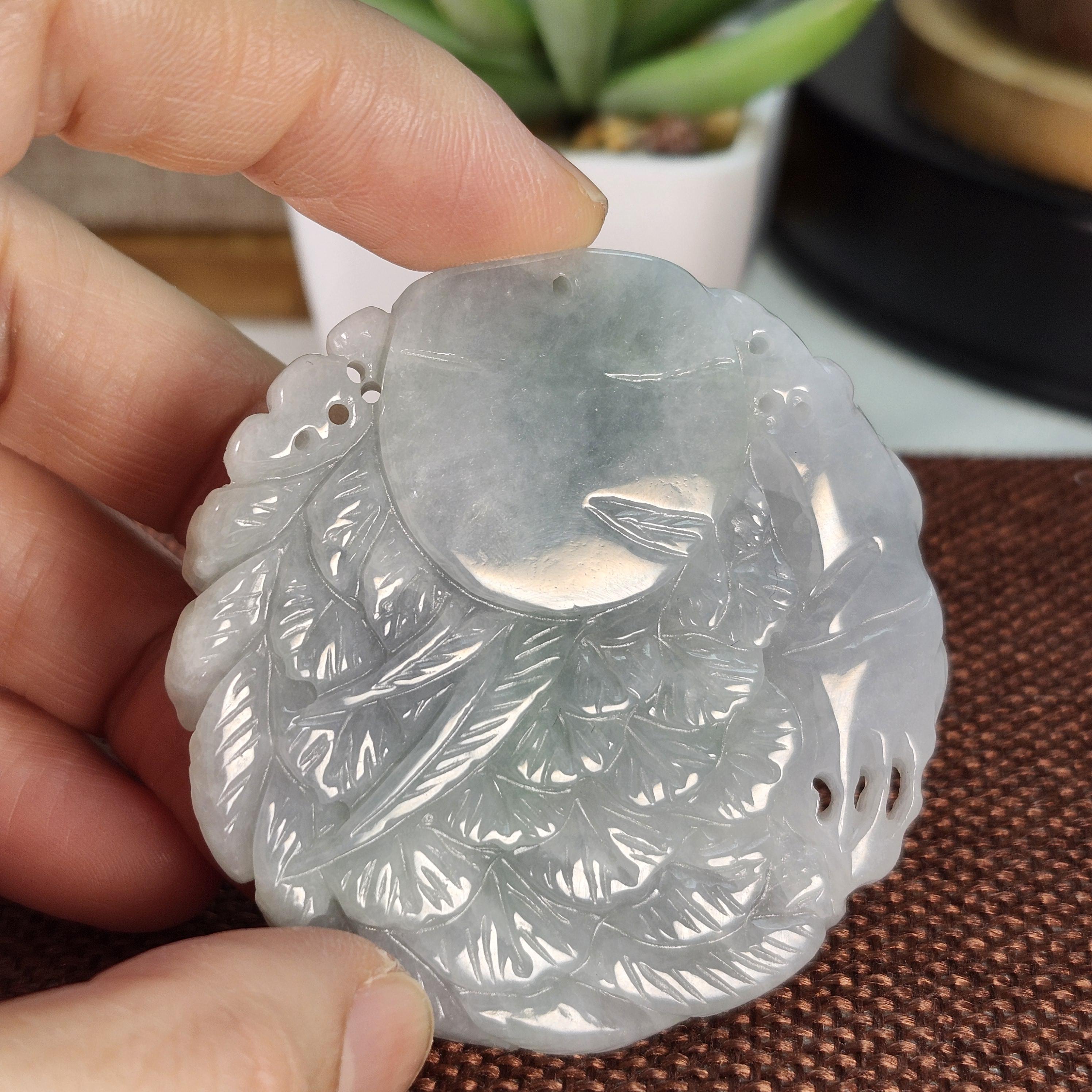 1693) 天然翡翠Aジェット 龍鳳凰彫刻ペンダント 2点セット 紐付き 
