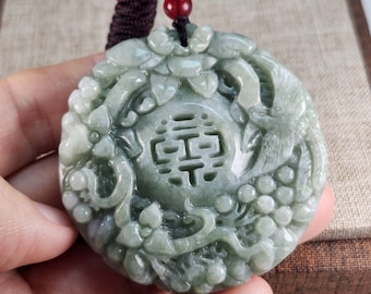 Ciondolo in giada giadeite naturale non trattata, modello fenice bifacciale, regalo di nozze, ben realizzato, con cordino regolabile per collana.