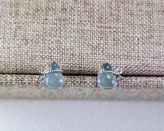 Pretty little transparent gourd well carved untreated natural jadeite jade silver S925 stud earrings