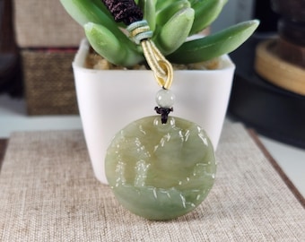 Beautiful landscape pattern Untreated green color Natural Jadeite Jade Pendant with pretty necklace cord