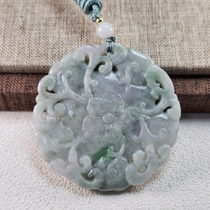 Double-sided grade A jade beautiful peony flower untreated natural jadeite jade pendant with necklace cord