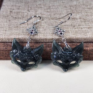 Natural Green Jade Fox Mask Dangle Earrings - Hand-Carved Jade Fox with Sterling Silver Chain & Ruby Accents, 57mm Total Drop