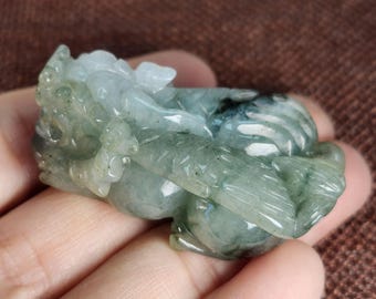 3D wealth Pixiu with wings 飛天貔貅 absorbs money well carved untreated natural jadeite jade pendant, adjustable necklace cord