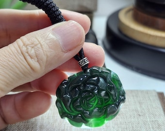 Hand Carved Grade A Jade Flower Pendant: Natural Jadeite Necklace
