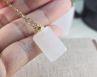 Mini Grade A Natural Jadeite Jade Pendant Necklace, Untreated White Jade Amulet, 14x20mm Good Luck Gift, Handmade Gold-Tone Jewelry