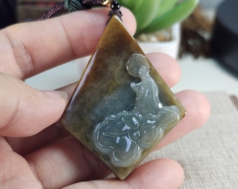 Ciondolo Buddha e loto in giada giadeite naturale di grado A certificata, gioiello in giada birmana non trattata, amuleto dell'illuminazione intagliato a mano, regalo di lusso