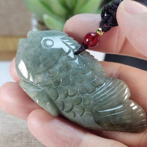 Lovely 3D fish well crafted untreated natural type A jadeite jade pendant with necklace cord or desk ornament