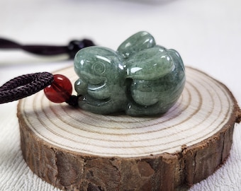 Cute 3D zodiac rabbit well crafted untreated natural jadeite jade pendant with adjustable necklace rope