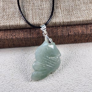 Lovely little 3D fish well carved untreated natural type A jadeite jade pendant with black pu necklace cord
