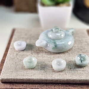 Set of Chinese teapot and cups well crafted untreated natural color type A jadeite jade desk ornament or decoration