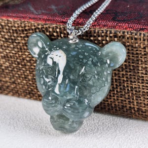 Certified well carved head of leopard untreated natural translucent jadeite jade S925 pendant bail, titanium necklace chain, gift for men