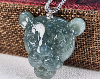 Certified well carved head of leopard untreated natural translucent jadeite jade S925 pendant bail, titanium necklace chain, gift for men
