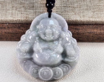 仏教の神々、仏陀、天然ブルージェダイト翡翠石ペンダント、グレードA