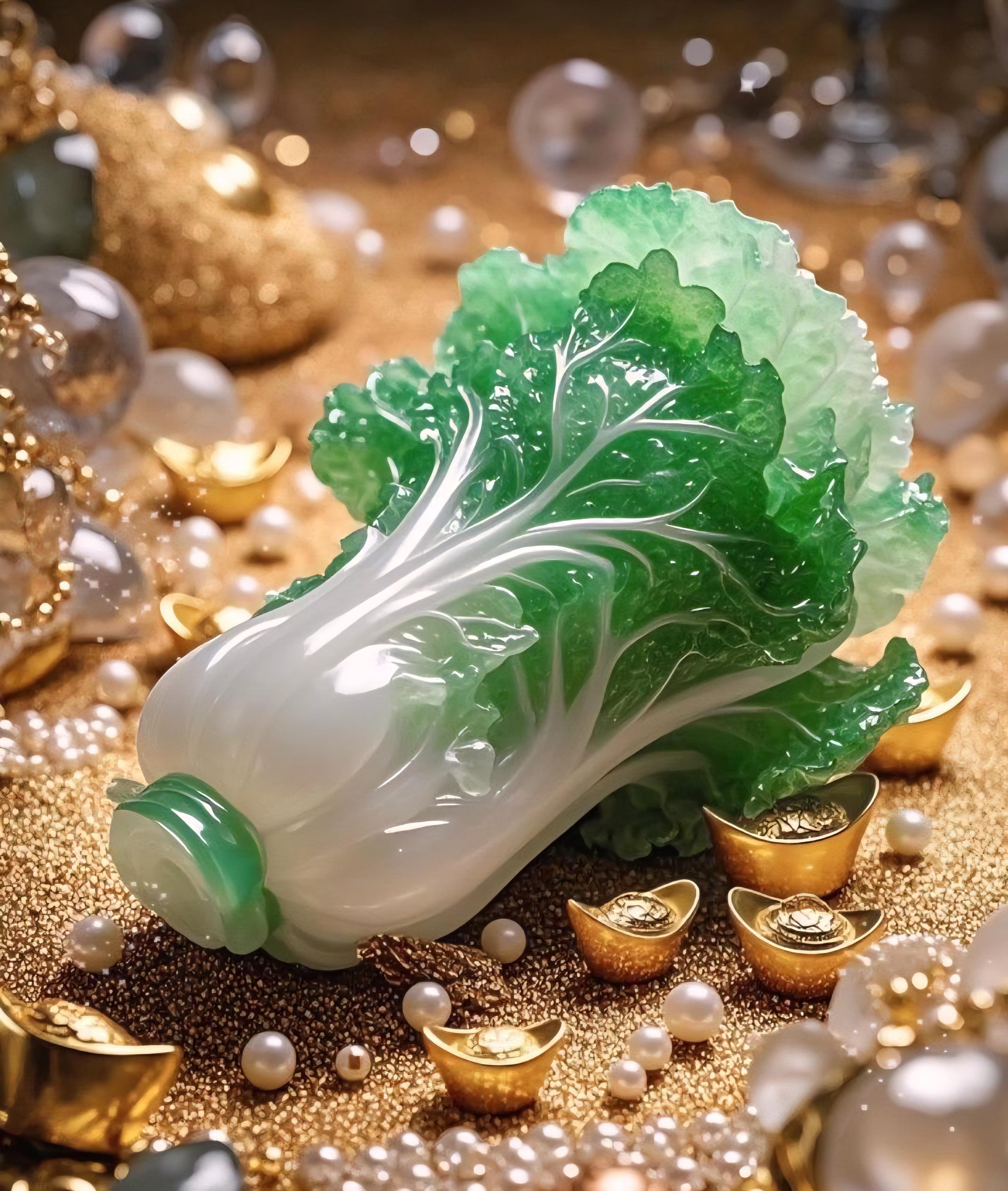 珍しい形の3D白菜大白菜、よく彫られた未処理の天然翡翠のペンダント