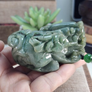 Puede incluir: Un colgante de jade tallado en tonos verdes. El colgante está esculpido en forma de criatura mítica con detalles intrincados. Se adjunta un cordón negro y una cuenta verde. El fondo incluye una planta verde.